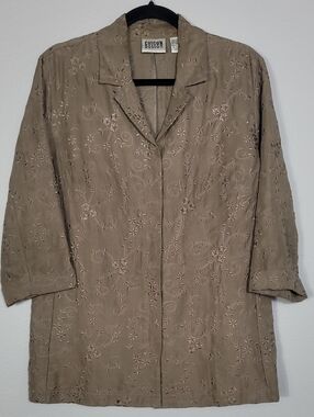 Vintage Chicos 100% Silk Embroidered Shirt Jacket Size 1 Medium Taupe